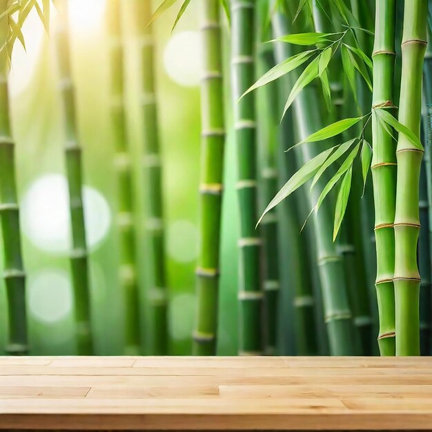 Table en bois vide avec des tiges de bambou vertes floues générées par l'IA