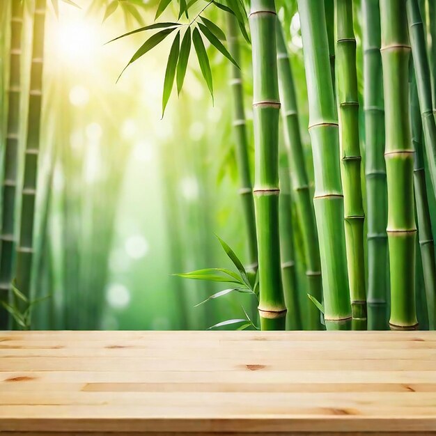 Table en bois vide avec des tiges de bambou vertes floues générées par l'IA