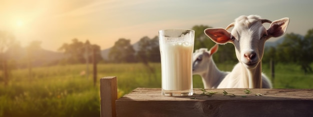 Photo table en bois vide avec un verre de lait et une chèvre en arrière-plan