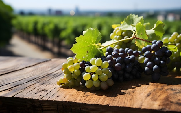 Table en bois vide avec sur le vignoble flou