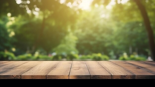 Table en bois vide vue floue