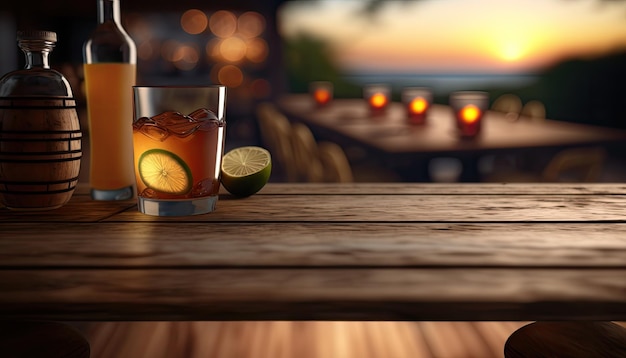 Table en bois vide avec vue sur fond de bar à boissons floues