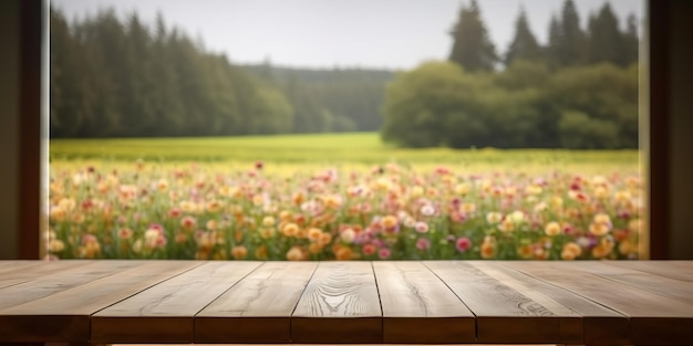 Table en bois vide avec vue sur la nature par l'arrière-plan de la fenêtre Generative Ai