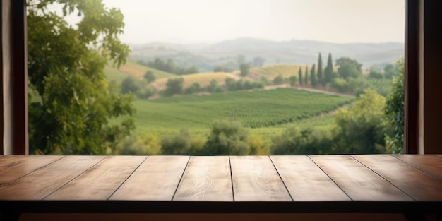 Table en bois vide avec vue sur la nature par l'arrière-plan de la fenêtre Generative Ai