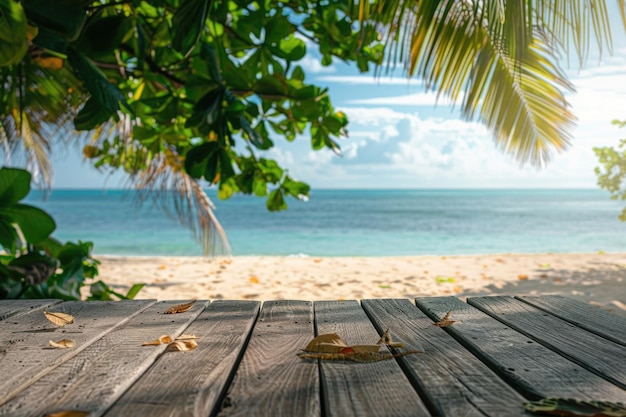 Table en bois vide et vue sur la plage tropicale en arrière-plan Pour l'affichage des produits