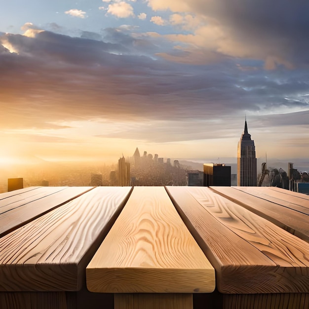 Une table en bois avec une ville en arrière-plan