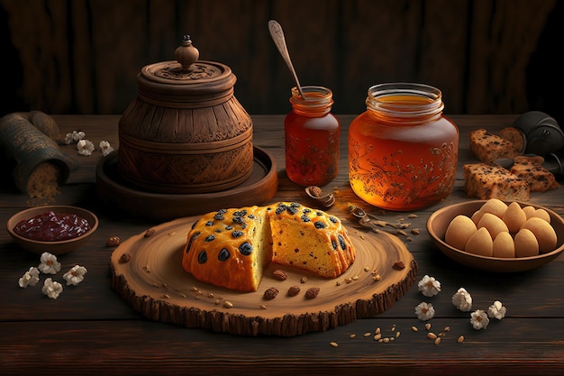 Sur une table en bois vintage, il y a de petits gâteaux aux raisins secs aux amandes et au miel