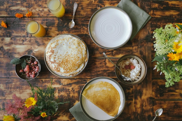 Table en bois avec vue de dessus de petit déjeuner