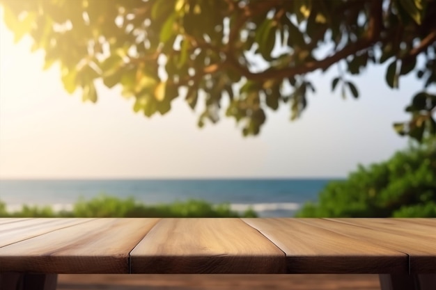 Table en bois avec vue sur la mer et le soleil