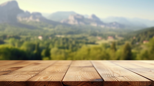 table en bois avec vue sur les montagnes et une vue sur la montagne.