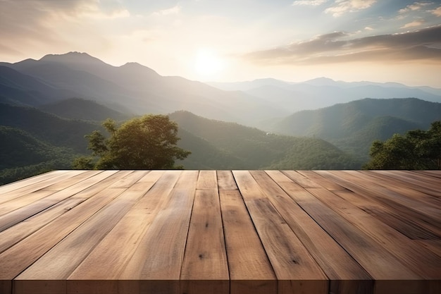 Table en bois avec une vue panoramique sur la montagne Generative AI