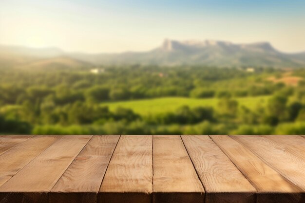 table en bois avec vue sur un paysage et des montagnes