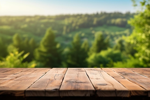 une table en bois avec vue sur un paysage.