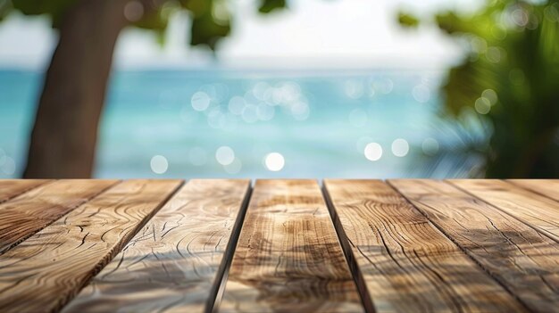 table en bois sur la vue de la plage