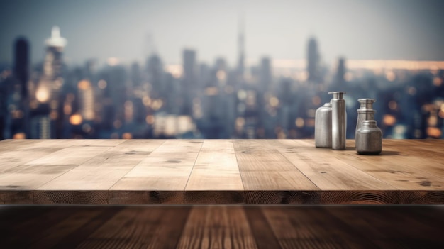 Une table en bois avec vue sur la ville en arrière-plan