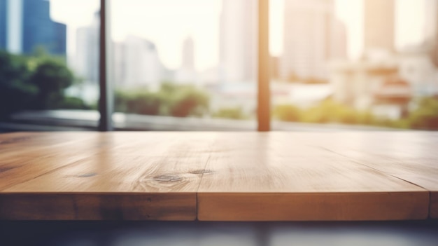 Une table en bois avec vue sur la ville en arrière-plan