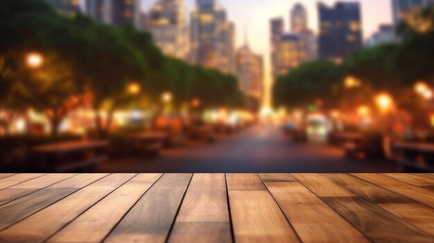 une table en bois avec vue sur une ville la nuit.