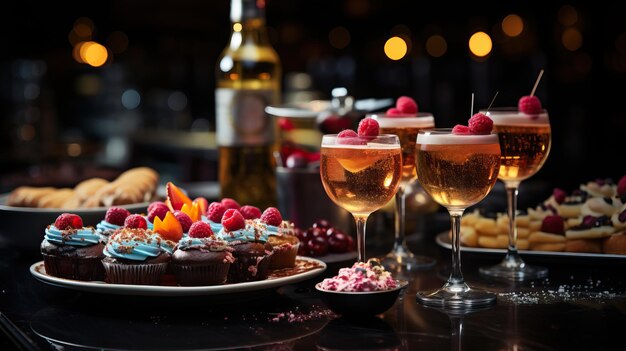 Photo une table avec des boissons et des desserts