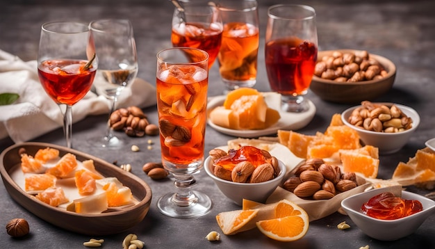 une table avec des boissons, des fruits et des boissons comprenant des amandes et des amandes