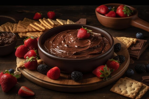 Une table avec un bol de chocolat et de fruits dessus