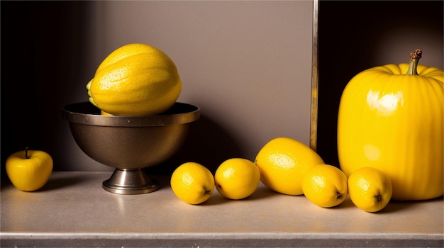 Une table avec un bol de citrons et un citron dessus
