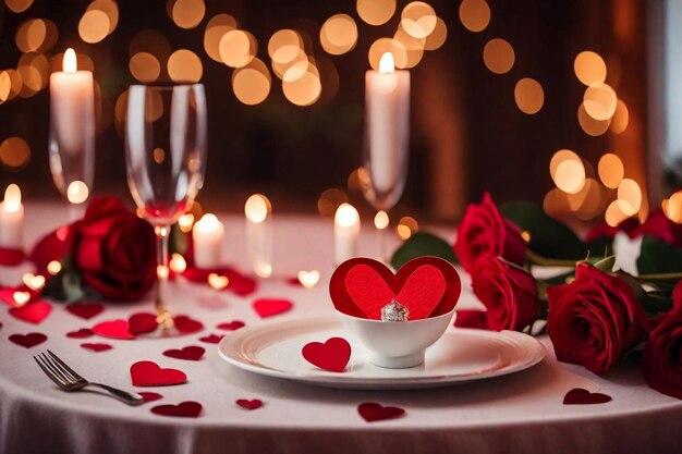 une table avec un bol de cœurs en forme de cœur et un petit bol de roses en forme de coeur