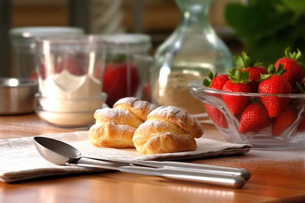 Une table avec un bol de fraises et un bol de fraises