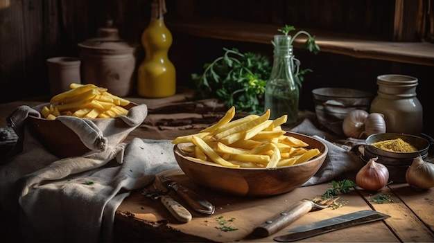 Une table avec un bol de frites dessus