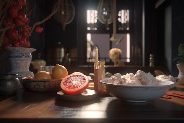 Une table avec un bol de fruits et un bol de crème sure dessus