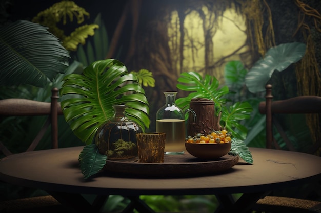Une table avec un bol de fruits et une bouteille de cacao.