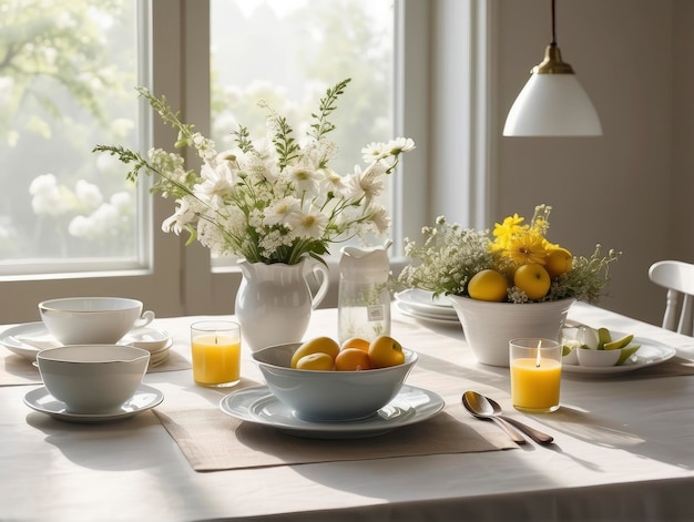 une table avec un bol de fruits et un vase de fleurs dessus