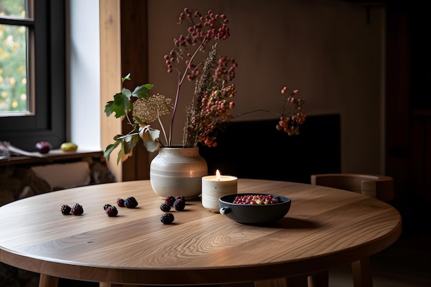 Une table avec un bol de fruits et un vase de fleurs dessus