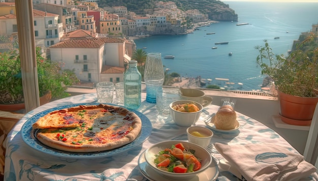 Une table avec un bol de nourriture et une bouteille d'eau