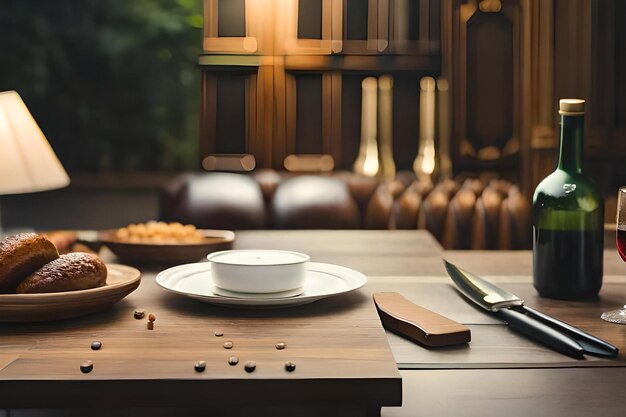 Une table avec un bol de nourriture et un couteau dessus.