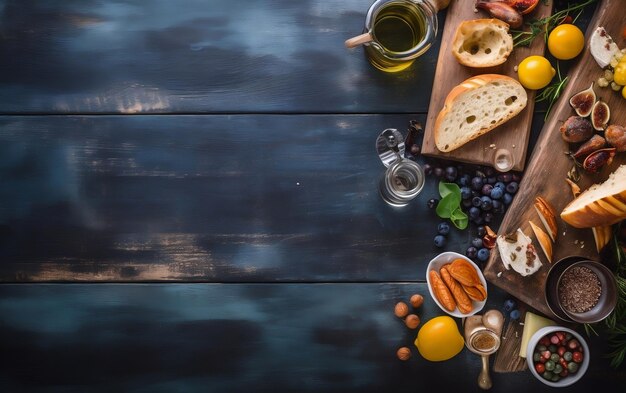 Une table avec un bol de pain et d'olives dessus