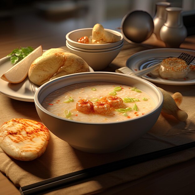 Photo une table avec un bol de soupe et un bol de soup