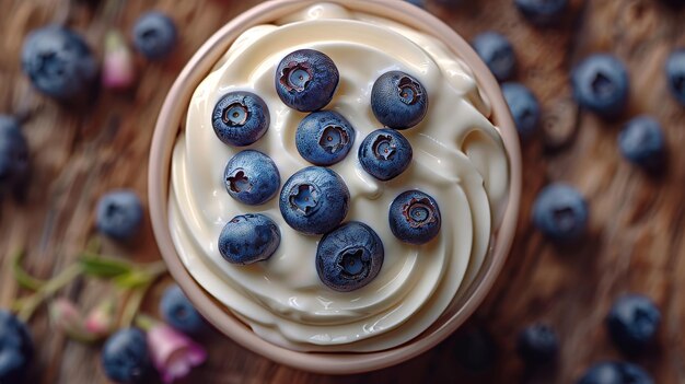 Sur la table, un bol de yogourt et de bleuets est disposé sur le dessus.