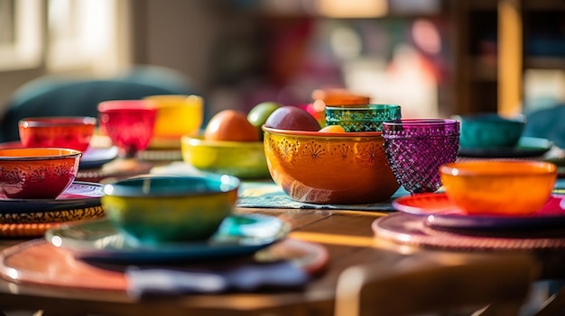 Photo une table avec des bols colorés et des bols dessus