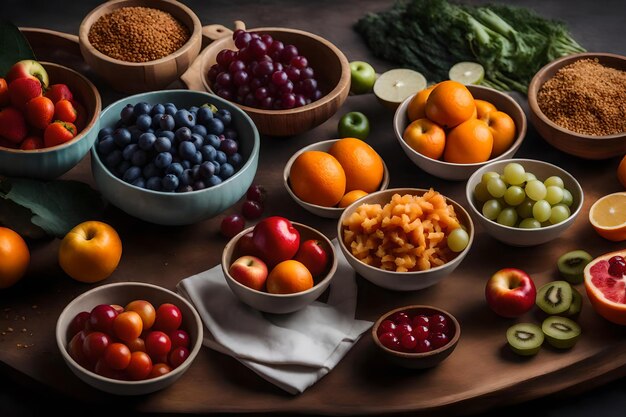 Une table avec des bols de nourriture et de fruits dessus