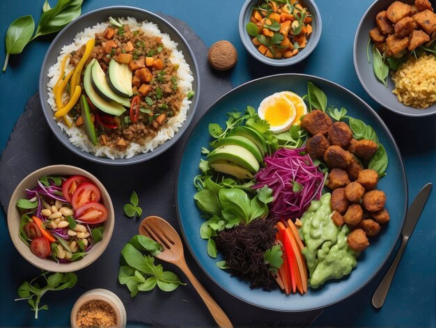 une table avec des bols de nourriture et des ustensiles, y compris du riz, des légumes et de la viande