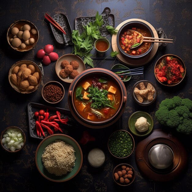 une table avec des bols de nourriture, y compris des carottes de broccoli et d'autres légumes