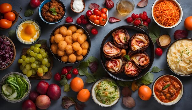 une table avec des bols de nourriture, y compris des pommes, des fraises et d'autres fruits