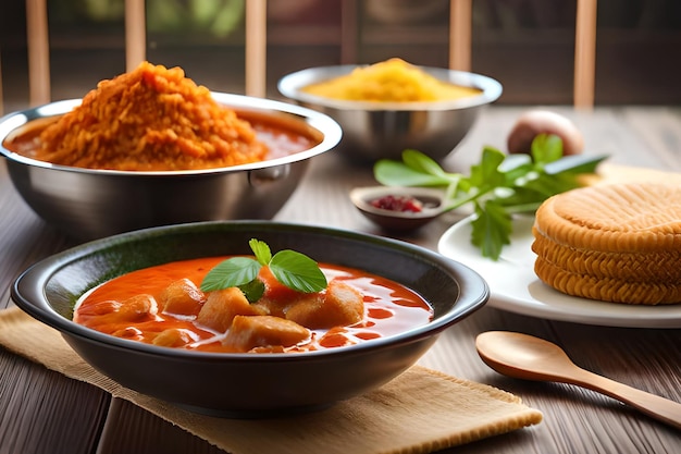 Une table avec des bols de nourriture, y compris de la soupe aux tomates et du pain.