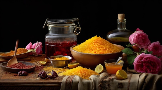 Une table avec des bols de riz au curcuma jaune et un pot de miel.