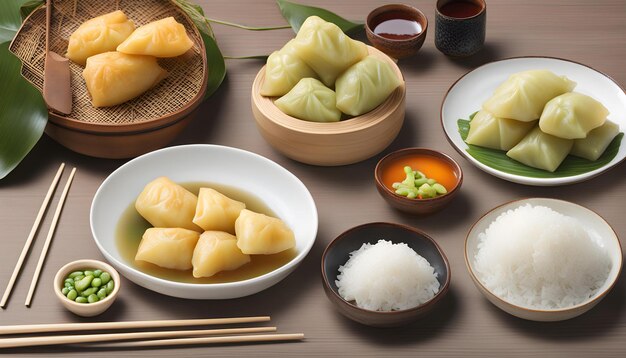 une table avec des bols de riz, de riz et de sushi