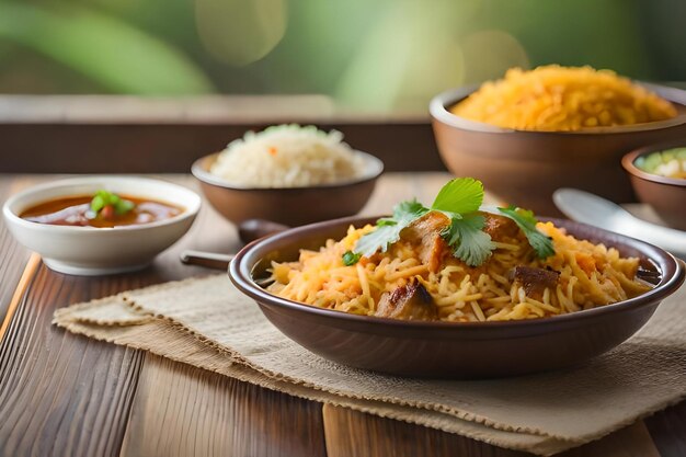 Une table avec des bols de riz et de riz