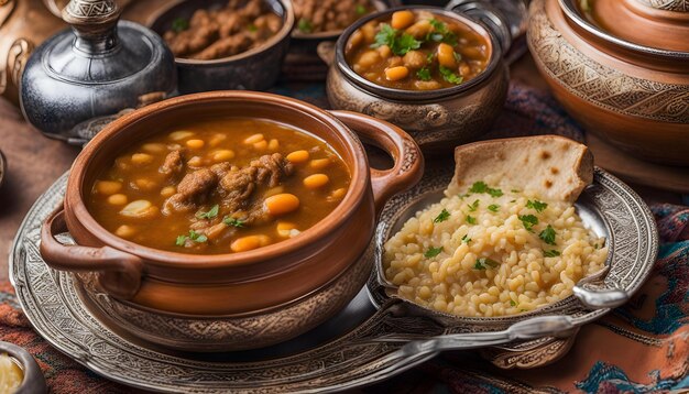 une table avec des bols de soupe, de riz et de haricots