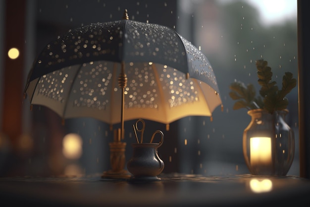 Une table avec une bougie allumée et un parapluie avec le mot "pluie" dessus.