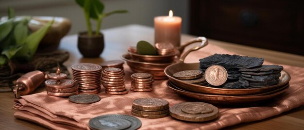 Photo une table avec une bougie allumée et quelques pièces dessus