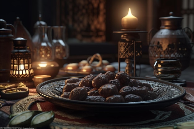 Une table avec une bougie et une assiette de biscuits dessus